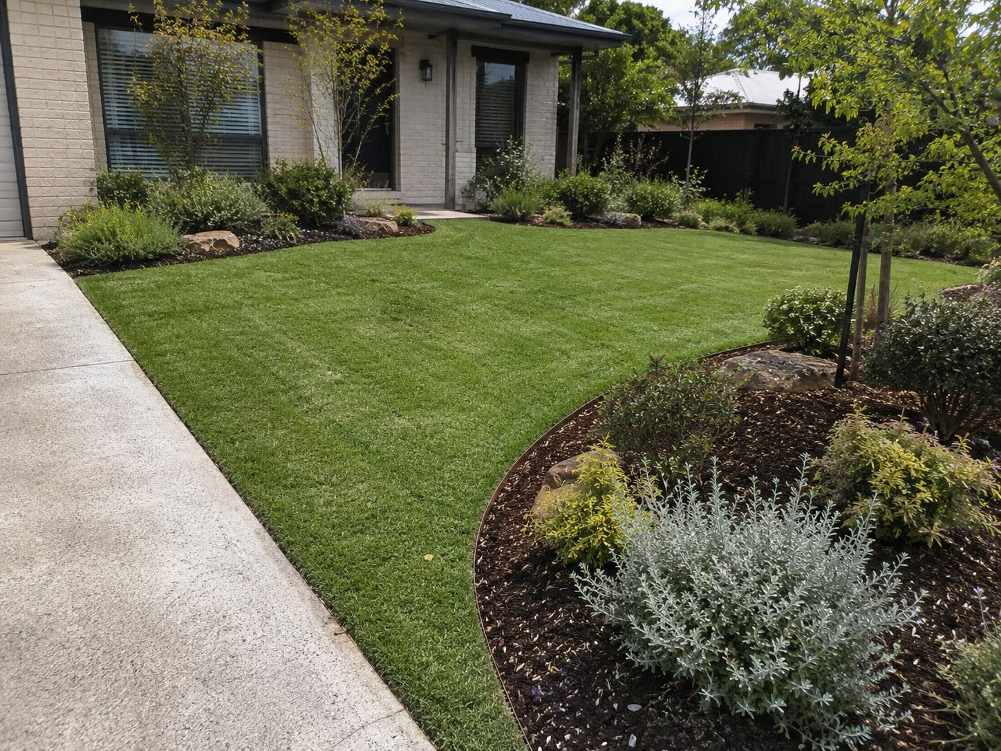 Freshly laid, level turf lawn with clean garden edges in Northcote