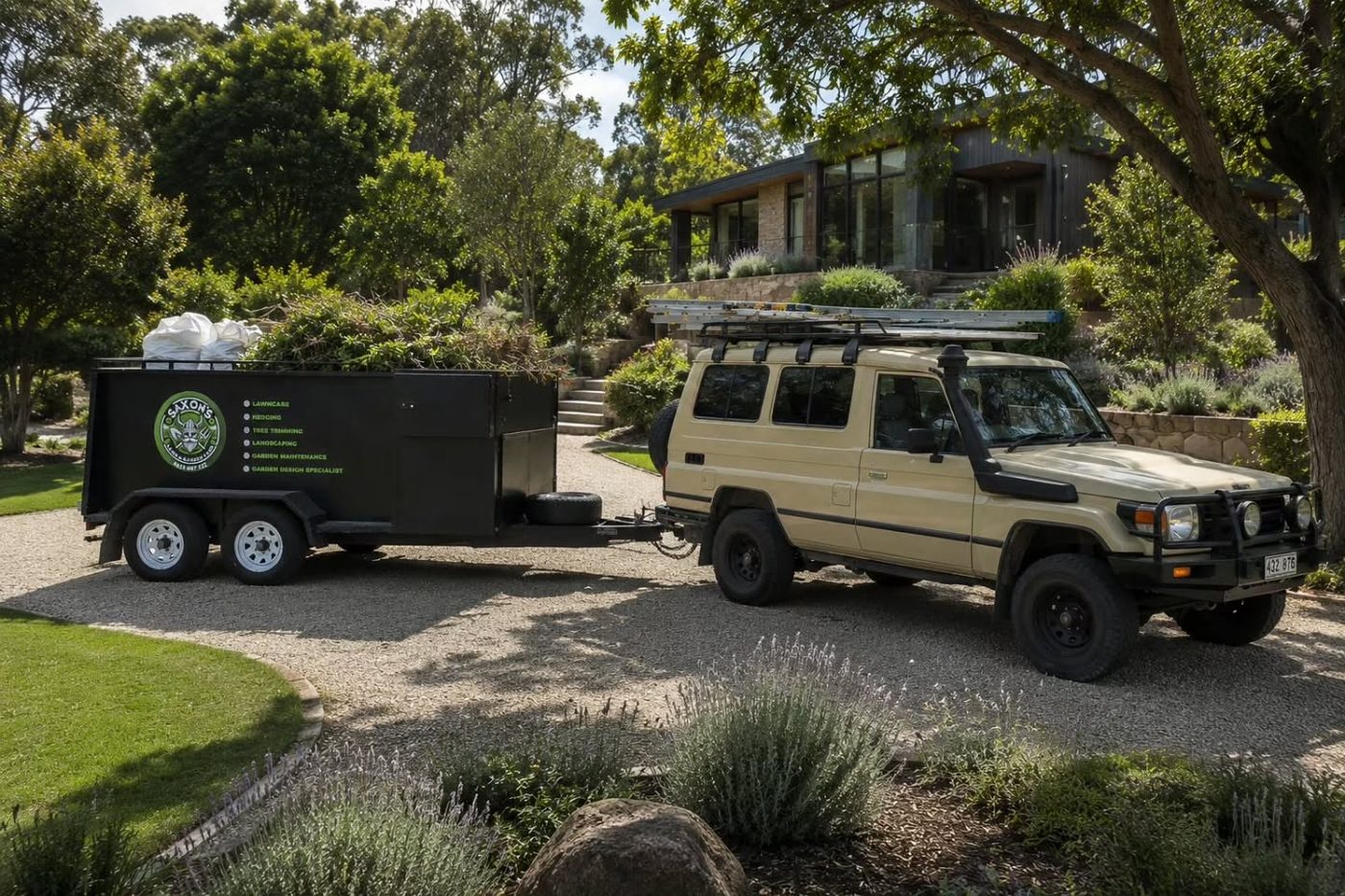Saxon's branded ute and trailer in a finished garden driveway
