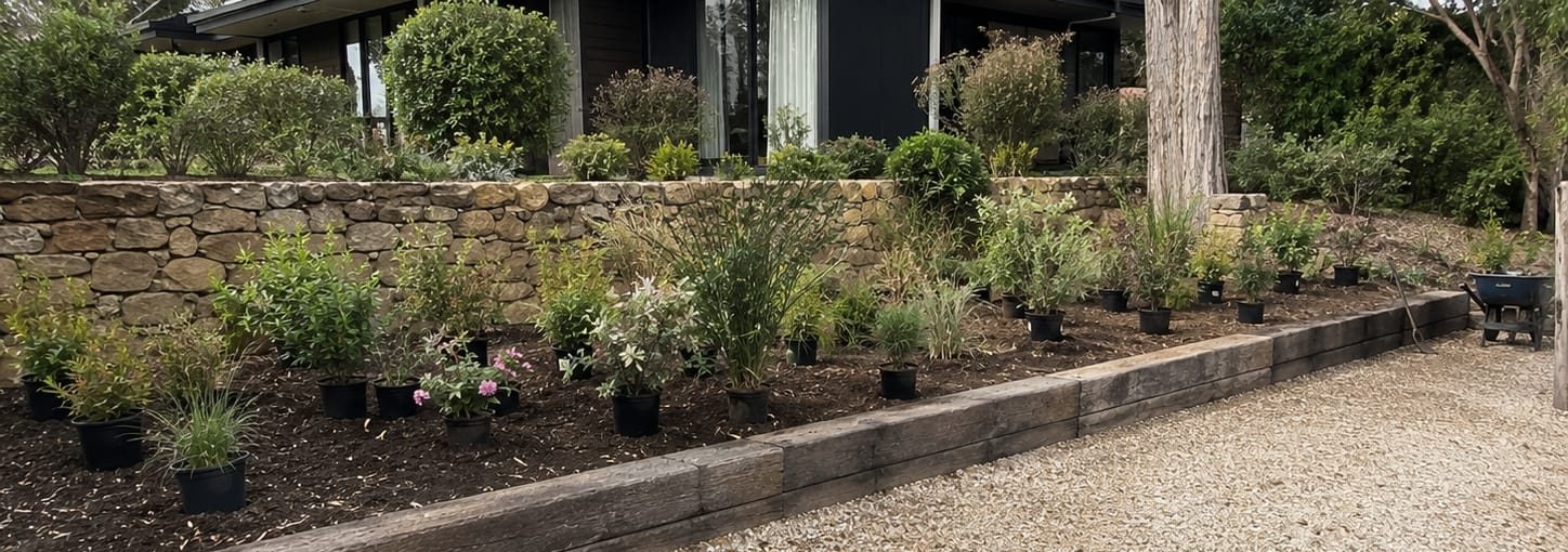 Timber sleeper garden bed keeping mulch and planting off the lawn