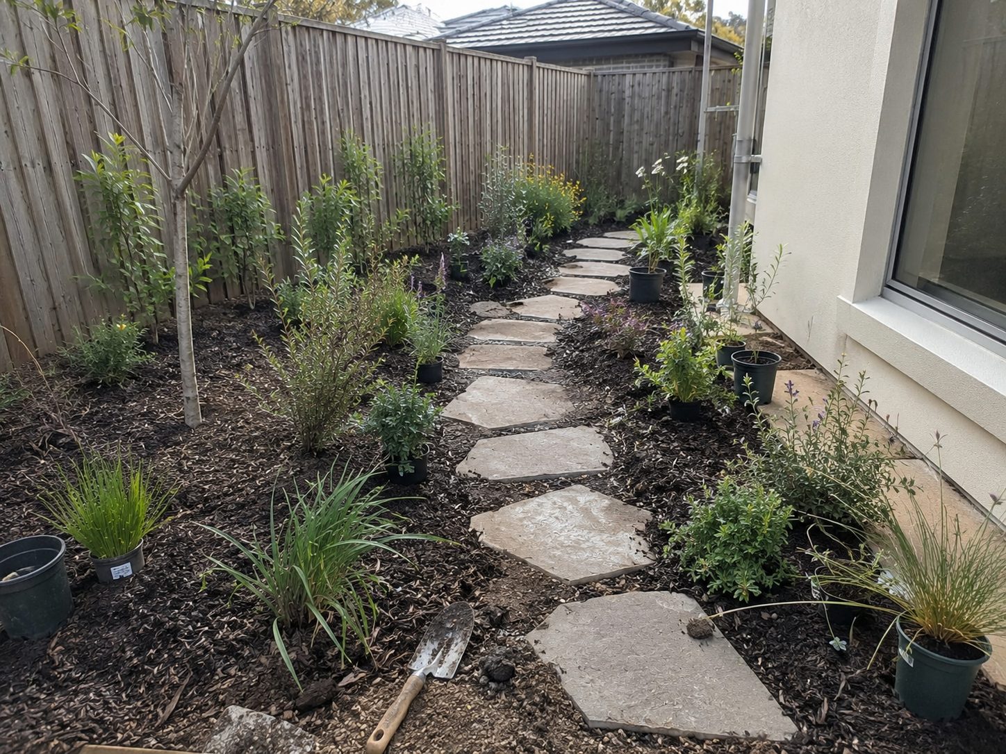 Stone path winding through native planting